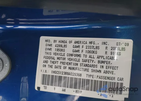 2009 Honda Accord 2.4 Lx-S z USA, uszkodzony, nr VIN 1HGCS12389A025368